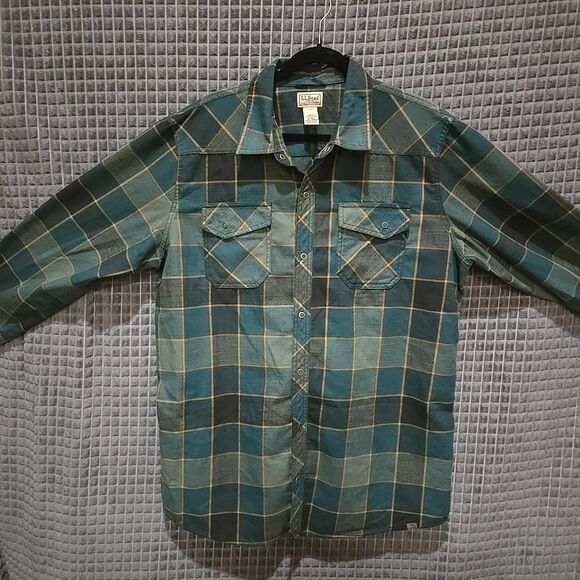 VTG LLBean Snap Flannel Shirt Mens XLTall Green Lightweight Canvas Long Sleeve - Picture 14 of 16